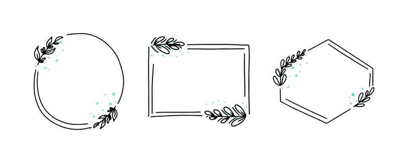 Geometric floral frame set, border with leaves,wreaths,flower doodle elements. Hand drawn sketch style for invitation, greeting card,social media and blog.
