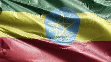 Äthiopien-Textilfahne weht langsam auf der Windschleife. Äthiopisches Banner, das sanft im Wind schwankt. Stoff Textilgewebe. voll ausfüllender Hintergrund. 20 Sekunden Schleife. video