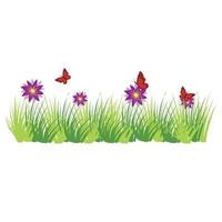 The grass is green with flowers, butterflies vector