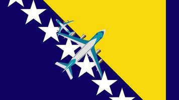 bandeira da Bósnia e Herzegovina e aviões. animação de aviões sobrevoando a bandeira da Bósnia e Herzegovina. conceito de voos dentro do país e no exterior. video