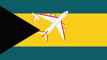 bandera de las bahamas y aviones. animación de aviones sobrevolando la bandera de las bahamas. concepto de vuelos dentro del país y al exterior. video