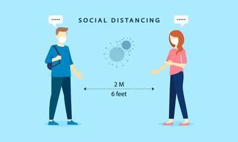 Social distancing, Man and woman are greeting and keeping their distance. To prevent infection and spread the COVID-19 virus. Health care concept. Vector illustration.