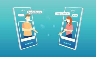 Social distancing with mobile phone. Conversation between man and woman using mobile phones to prevent COVID-19 infection. Coronovirus epidemic protective. Health care concept. Vector illustration.