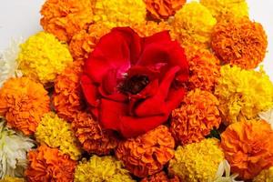 Marigold Flower rangoli Design for Diwali Festival , Indian Festival flower decoration photo