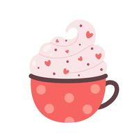 Valentines Day hot drink. Coffee cup with cream, chocolate drops and hearts. vector