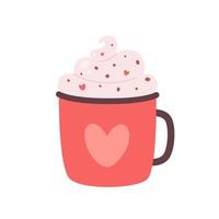 bebida caliente del día de san valentín. taza de café con crema, gotas de chocolate y corazones. vector