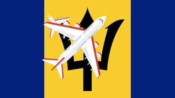 bandeira de barbados e aviões. animação de aviões sobrevoando a bandeira de barbados. conceito de voos dentro do país e no exterior.