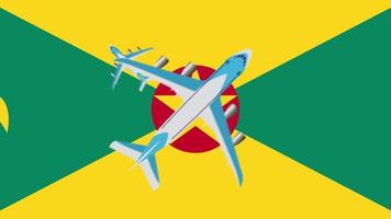 flagga av grenada och flygplan. animering av flygplan som flyger över grenadans flagga. koncept för flygningar inom landet och utomlands. video