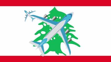 la bandera de líbano y aviones. animación de aviones volando sobre la bandera de líbano. el concepto de vuelos dentro del país y al exterior. video