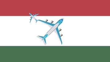 drapeau hongrois et avions. animation d'avions survolant le drapeau de la hongrie. concept de vols à l'intérieur du pays et à l'étranger. video