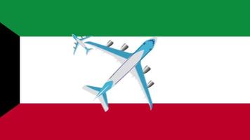 bandera y avión de kuwait. animación de aviones volando sobre la bandera de kuwait. video