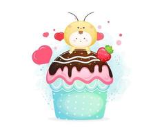 Cute valentine day bee cupcake. Sweet dessert with animal vector