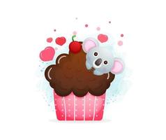 Cute valentine day koala cupcake. Sweet dessert with animal vector