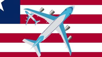 drapeau du libéria et des avions. animation d'avions survolant le drapeau du libéria. video