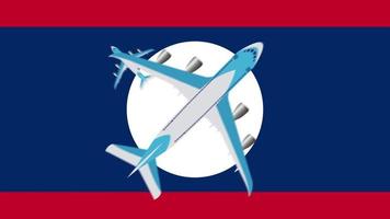 laos flagga och flygplan. animering av plan som flyger över laos flagga. video