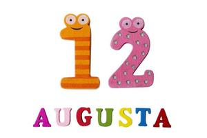 August 12th. Image of August 12, close-up of numbers and letters on white background. photo