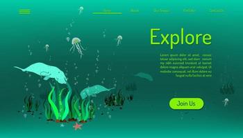 landing page website template. explore ocean life. time to travel. green tone background. vector illustration eps10