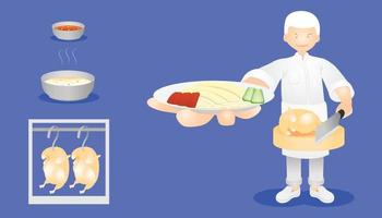 un hombre de pie mostrando un plato de arroz al vapor con sopa de pollo. comida de tailandia. diseño de personaje. ilustración vectorial eps10 vector