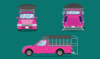 pink pickup truck with car steel grating plastic top cover passenger front side back view transport vector illustration eps10