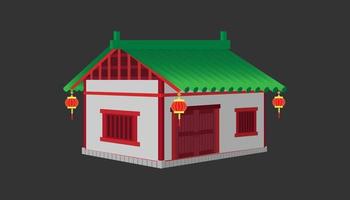 3d one floor white china house minimal old vintage style. building and landmark category. vector