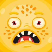 Funny cartoon monster face with crazy eyes. Cheerful face emotions. Illustration of cute, wicked mythical alien creature expression. Halloween party design for kids. Vector isolated