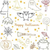 Set of Happy Halloween design elements. Cat, hat, amanita, poison pot, bat, candy, broom, pumpkin, leaves. Hand drawn vector illustration in doodle style outline drawing isolated on white background.