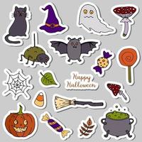 Happy Halloween sticker pack. Cat, hat, amanita, cauldron of potion, bat, candy, broom, pumpkin, leaves. Hand drawn vector illustration in doodle style.