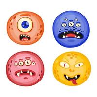 Hand drawn round Doodle monsters characters with different expressions. Cheerful face emotions. Colorful vector sticker set. Cute game assets. Illustration for kids isolated on white background