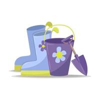 Gardening tools rain boots shovel and bucket isolated on white background vector