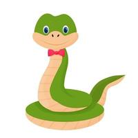 Cute, cheerful character snake, smiling in cartoon style. Childish animal, reptile clip art isolated on white background. Vector illustration