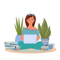 Attractive girl sitting with laptop near books, plants and cup with hot beverage stock vector bright Illustration. Education, personal growth, freelance concept. In flat style.