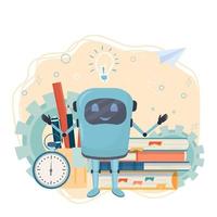 lugar de trabajo para cursos en línea, e-learning, educación con libros, alarma, monitor con robot aislado en la ilustración de vector de stock de fondo blanco. estudiando el concepto de estilo plano.