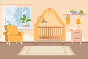 Elegant, modern, comfortable baby toddler bedroom, room interior. Baby crib, chair, table and shelf. Wall with decorations. . Vector illustration