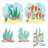 Set of aquatic composition with underwater inhabitants, isolated clipart, design elements on white background stock vector illustration. Vector illustration