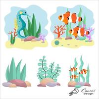 conjunto de composición acuática con habitantes submarinos, imágenes prediseñadas aisladas, elementos de diseño sobre fondo blanco ilustración vectorial de stock. ilustración vectorial vector