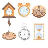 Set of solar clock, alarm clock, hourglass isolated on white background. Six graphic objects stock vector illustration. Digital creative equipment for measure time.