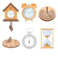 Set of solar clock, alarm clock, hourglass isolated on white background. Six graphic objects stock vector illustration. Digital creative equipment for measure time.