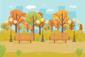 City autumn park, scenery. Bench and lantern and many fall trees. Outdoor landscape stock vector illustration. Vector illustration