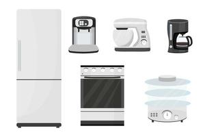 conjunto, colección de equipo de cocina refrigerador, estufa, cafetera, batidora, serpentina aislado en ilustración de vector de stock de fondo blanco. objetos gráficos detallados en color gris.