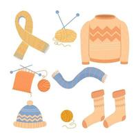 Set of cute vector illustrations of objects and attributes of the scandinavian hygge style isolated on white background. Knitting scarf, sweater, socks stock vector illustration