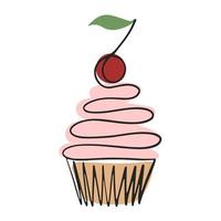 Cake with cream and cherry line art vector isolated illustration