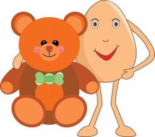 Happy egg cartoon with a giant teddy in his hand on teddy day. Vector Illustration.