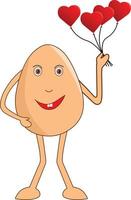 Happy egg male cartoon with a bunch of heart shape balloons in his hand. Vector Illustration.