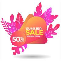 Vector poster with tropical leaves and text Summer Sale on Shape Gradient Color Style.Sale banner template design, Flash sale special offer set and discount . - Vector