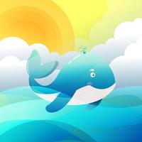 ilustración de un animal de ballena felizmente en la parte superior del océano en el vector de la mañana