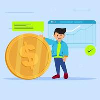 Young Man business invite investment to become rich in dollar coins illustration for investment content vector