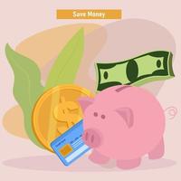 Illustration of saving money in a piggy bank and credit card to get rich. good images to use for financial elements vector