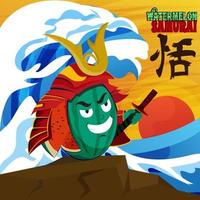 Illustration watermelon use costum samurai on the sea japanese style. Design good for poster and T-shirt screen printing clothes design. vector