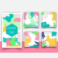 Vector set of abstract memphis style retro background with multicolored simple geometric shapes and copy space frame