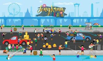 songkran festival thailand traditional holiday summer family day with many people on street vector illustration eps10